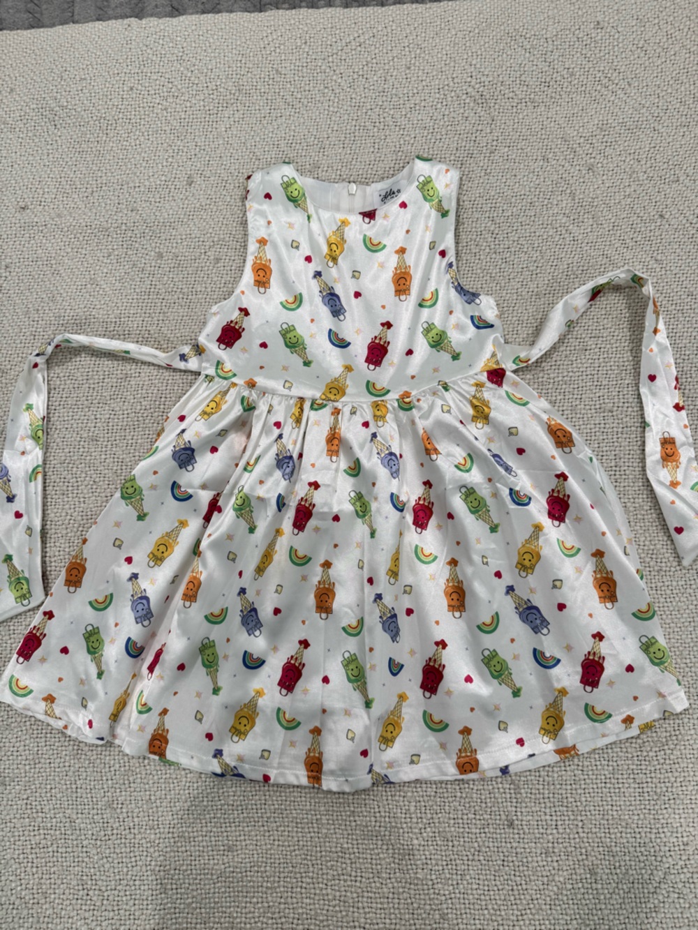 Lola & the Boys Satin White Kids Dress with Multicolor Icecream Cartoon Print🍦